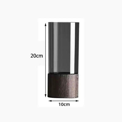 Set of 3 Modern Smoked Glass Cylinder Flower Vase with Dark Wood Base