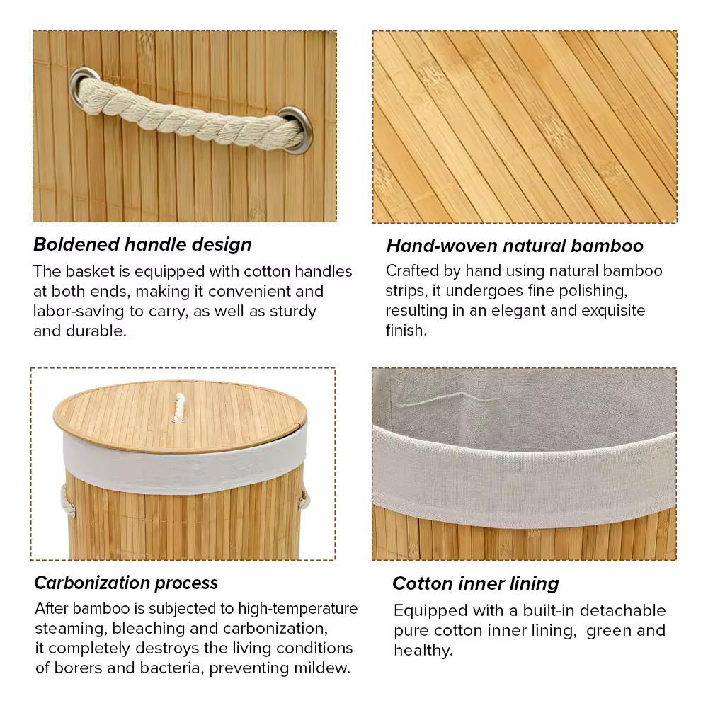 Bamboo Laundry Basket – Modern Round Clothes Storage Organizer with Cotton Liner for Bathroom and Bedroom, 35x50cm