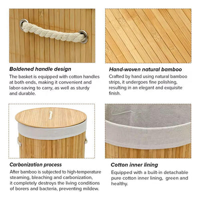 Bamboo Laundry Basket – Modern Round Clothes Storage Organizer with Cotton Liner for Bathroom and Bedroom, 35x50cm