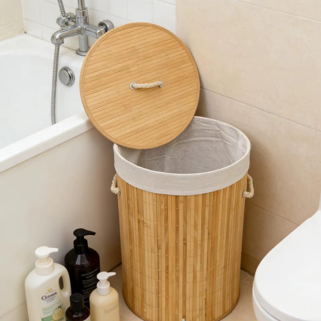 Bamboo Laundry Basket – Modern Round Clothes Storage Organizer with Cotton Liner for Bathroom and Bedroom, 35x50cm