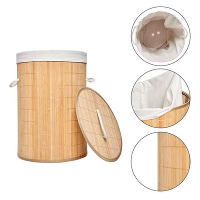 Bamboo Laundry Basket – Modern Round Clothes Storage Organizer with Cotton Liner for Bathroom and Bedroom, 35x50cm