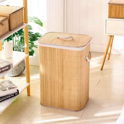 Collapsible Bamboo Laundry Hamper with Lid and Removable Liner | Large Capacity Clothes Storage Bin with Rope Handles