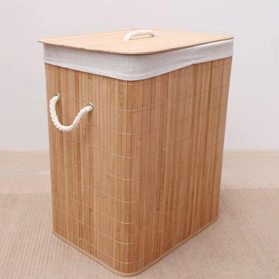 Collapsible Bamboo Laundry Hamper with Lid and Removable Liner | Large Capacity Clothes Storage Bin with Rope Handles