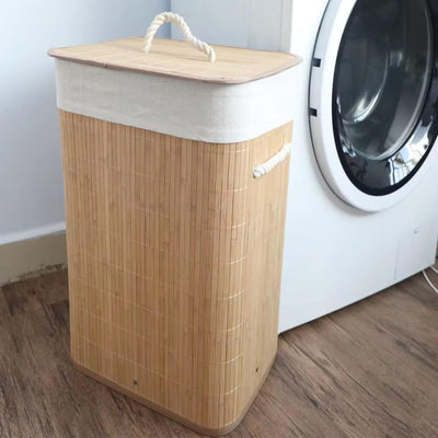 Collapsible Bamboo Laundry Hamper with Lid and Removable Liner | Large Capacity Clothes Storage Bin with Rope Handles
