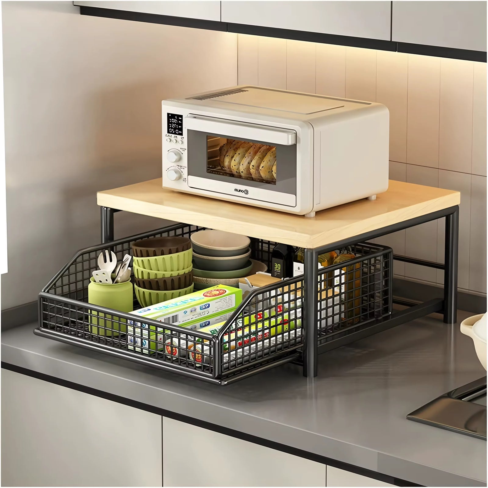 2-Tier Kitchen Countertop Organizer Stand with Sliding Wire Drawer