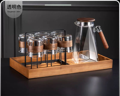 6-Piece Glass Pitcher and Cup Set with Wood Trim and Storage Rack