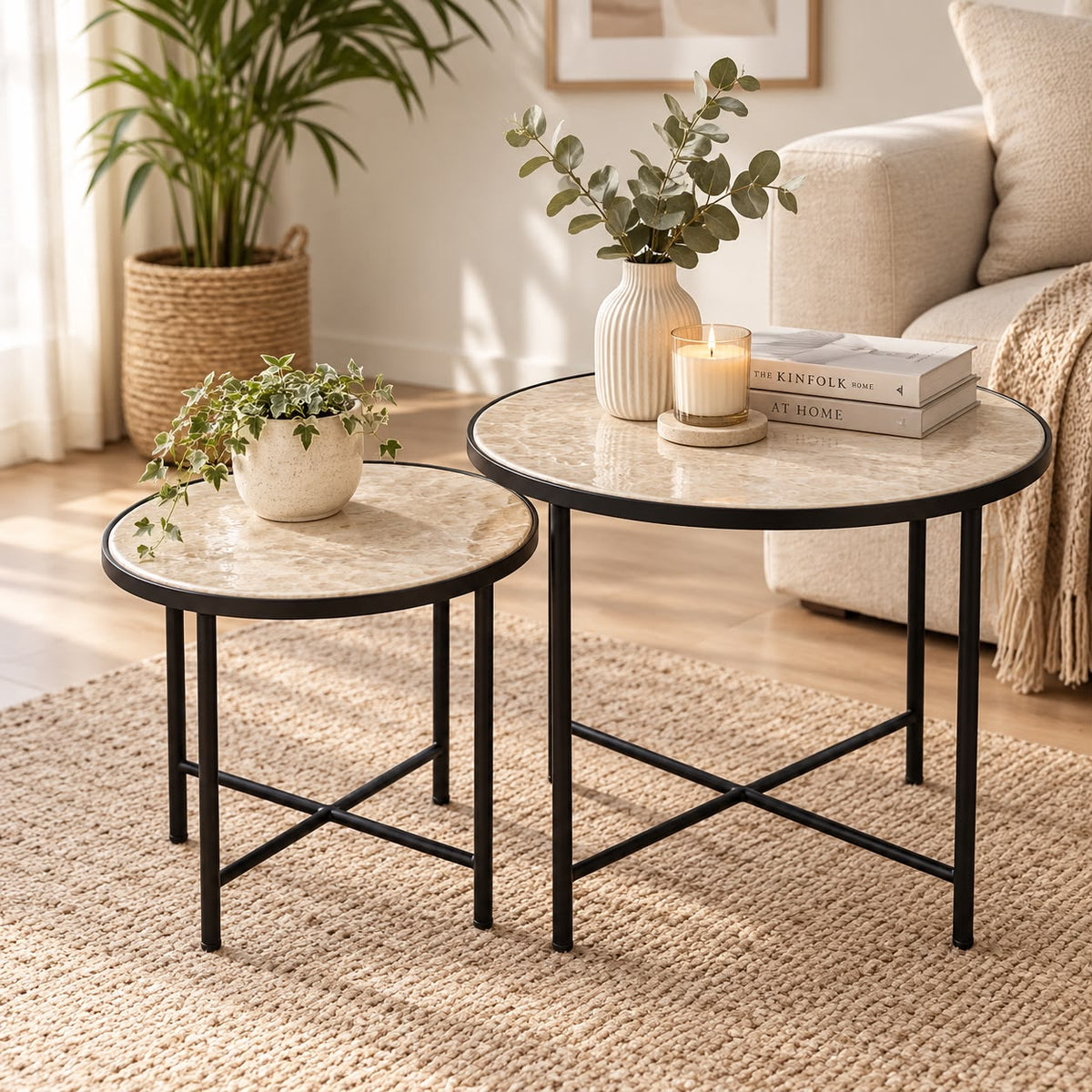 Two Round Table Round Nesting Coffee Table Set of 2 | Beige Marble-Effect Top with Bla ...