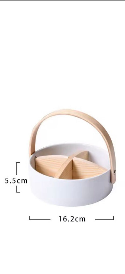 Ceramic Divided Serving Basket with Arched Wooden Handle and Lid-Available in 2 sizes