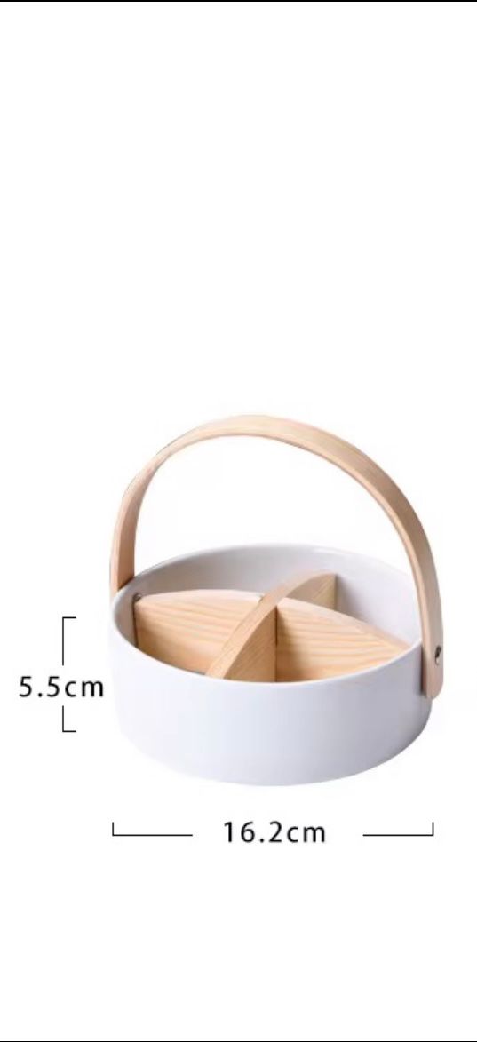 Ceramic Divided Serving Basket with Arched Wooden Handle and Lid-Available in 2 sizes