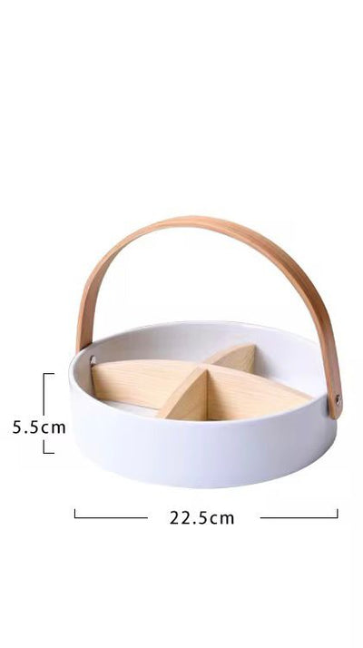 Ceramic Divided Serving Basket with Arched Wooden Handle and Lid-Available in 2 sizes