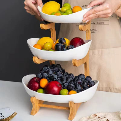3-Tier Bamboo & Ceramic Tiered Serving Station
