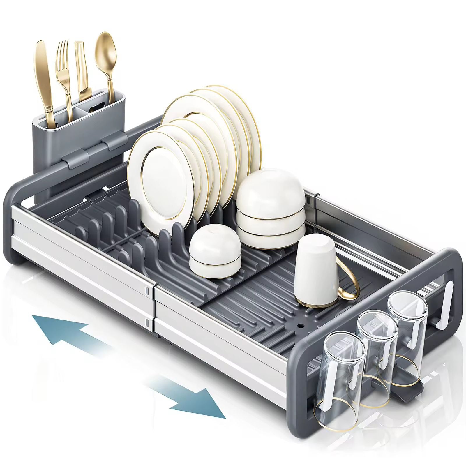 Expandable Dish Drying Rack with Integrated Cutlery Caddy