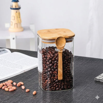 Glass Storage Jar Set with Bamboo Lid & Spoon – Airtight Kitchen Container for Coffee, Beans, Candy & Snack