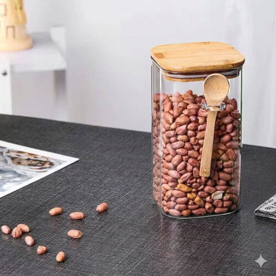Glass Storage Jar Set with Bamboo Lid & Spoon – Airtight Kitchen Container for Coffee, Beans, Candy & Snack