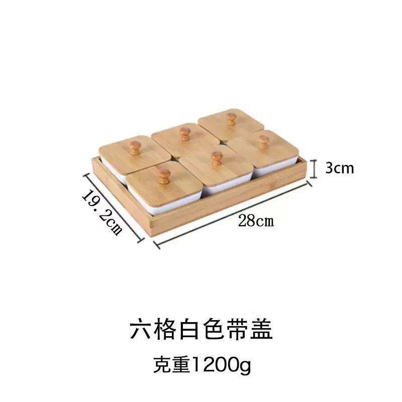 6 Removable Ceramic Compartment Bowls with Bamboo Tray
