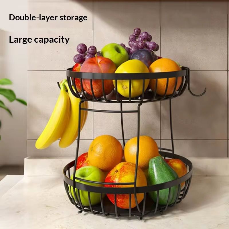 2 Tier Stackable Fruit Basket for Kitchen Counter with 2 Banana Hangers