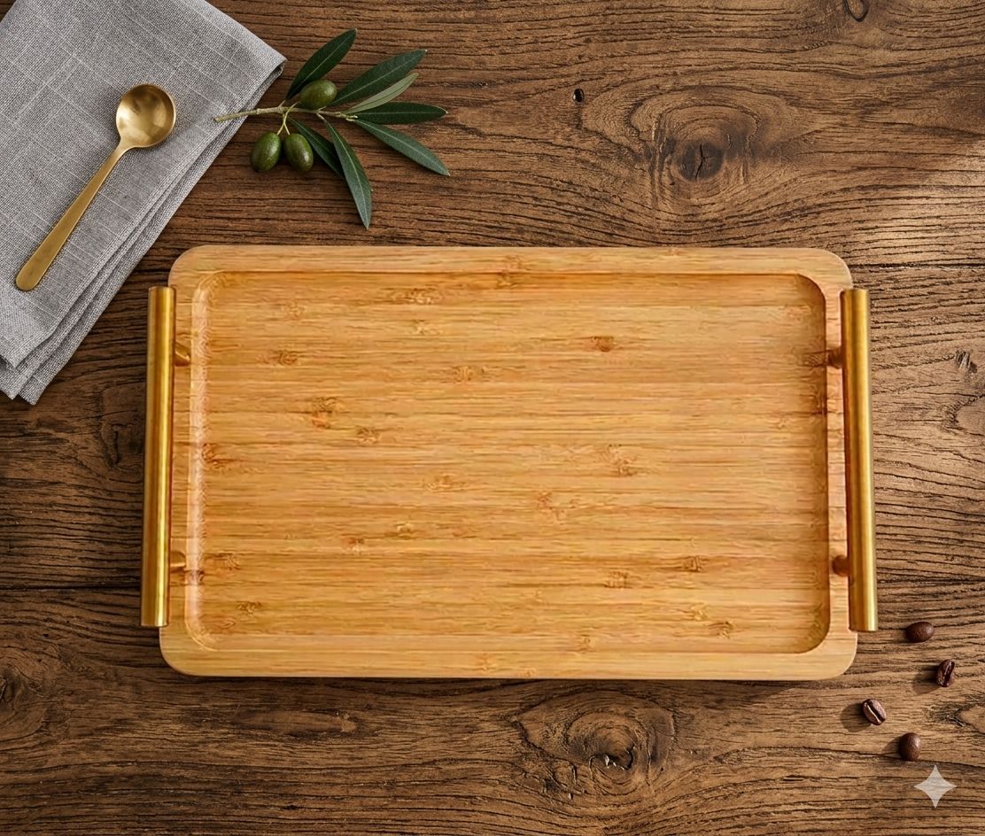 32cm Modern Bamboo Serving Tray with Gold Handles