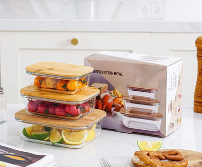 Set of 3 Pieces rectangular Glass Food Storage Containers  with Bamboo Lid