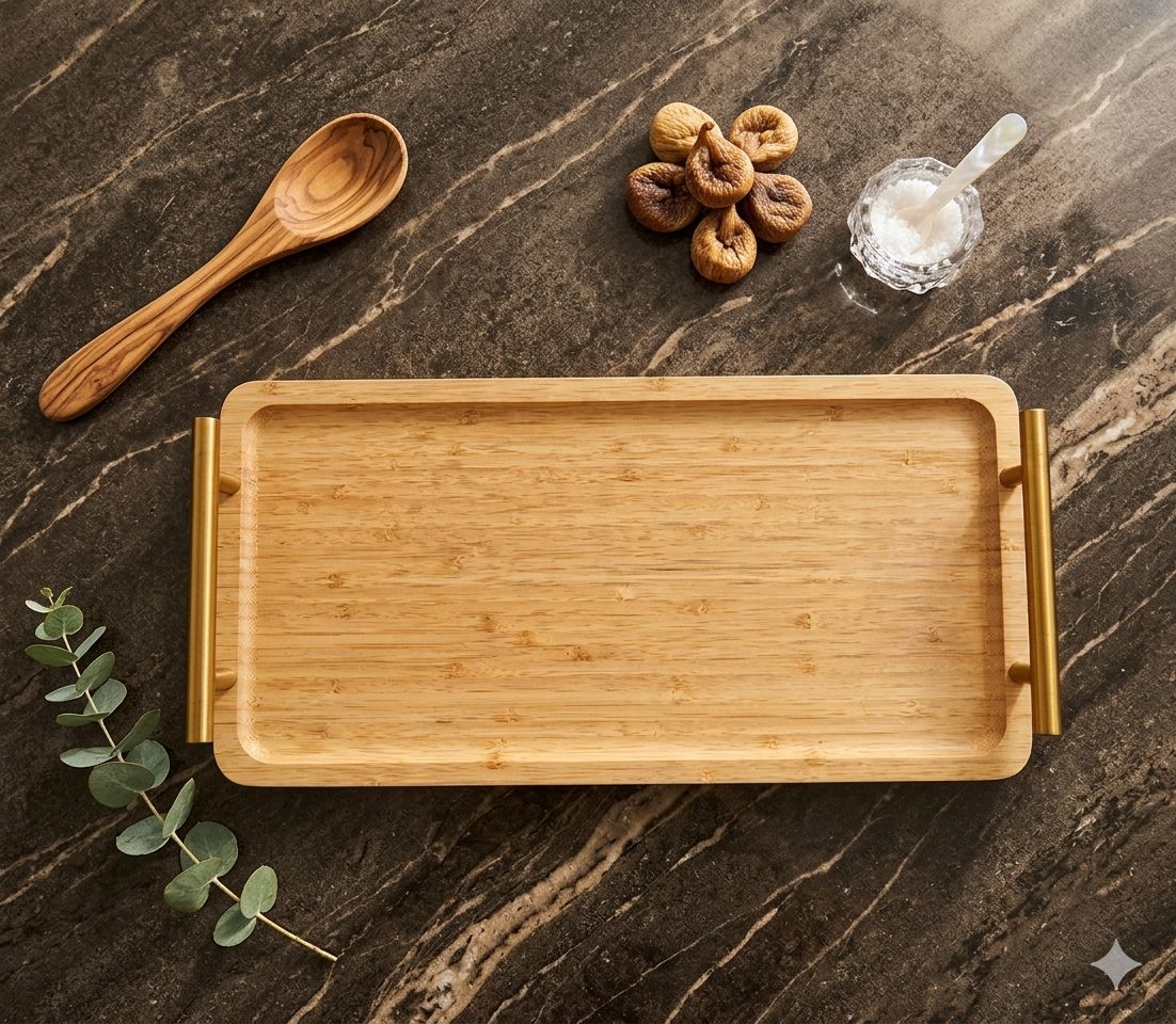 40cm Modern Bamboo Serving Tray with Gold Handles