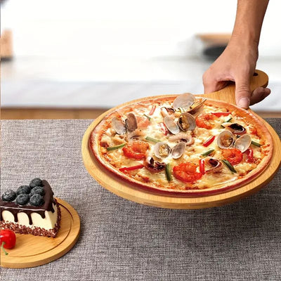bamboo round wooden pizza serving tray with handle for multipurpose use for vegetables fruits and cheese