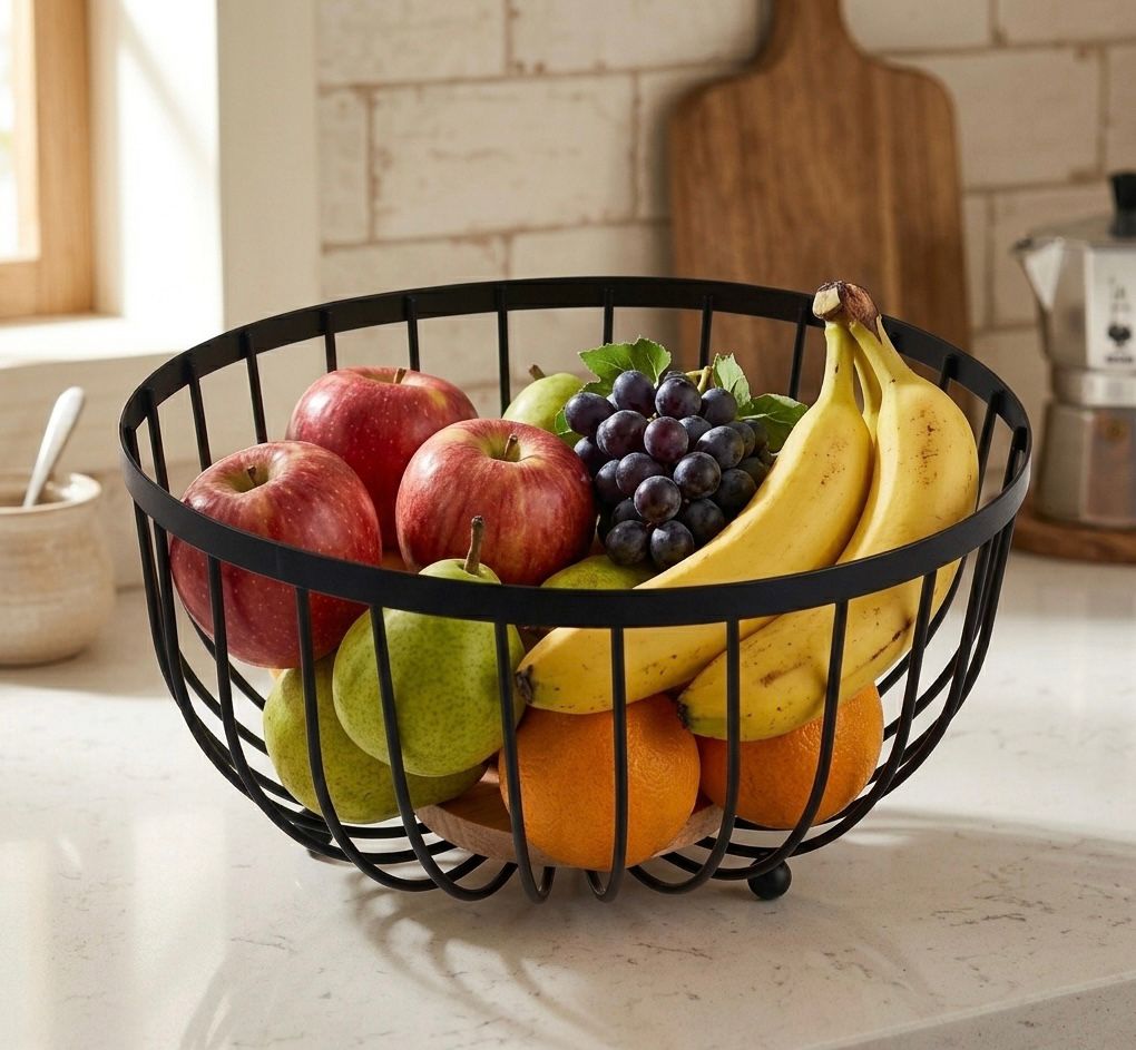 Sculptural Wire Fruit Basin with Bamboo Base