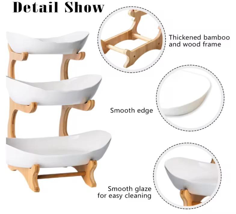 3-Tier Bamboo & Ceramic Tiered Serving Station
