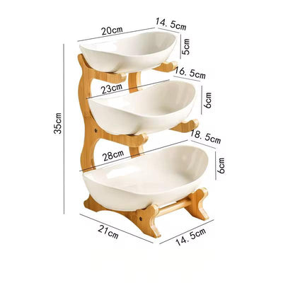 3-Tier Bamboo & Ceramic Tiered Serving Station