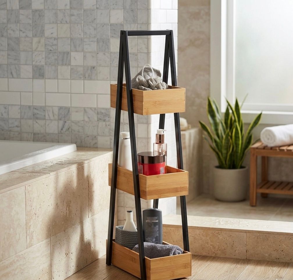 3-Tier Bamboo & Steel Space-Saving Storage Tower