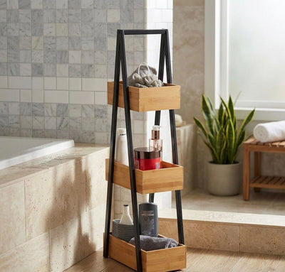 3-Tier Bamboo & Steel Space-Saving Storage Tower