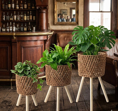 Handwoven Rattan Planter Set with Wooden Legs – 3-Piece Decorative Indoor Boho Flower Pot & Plant Stand Set (Small, Medium, Large)