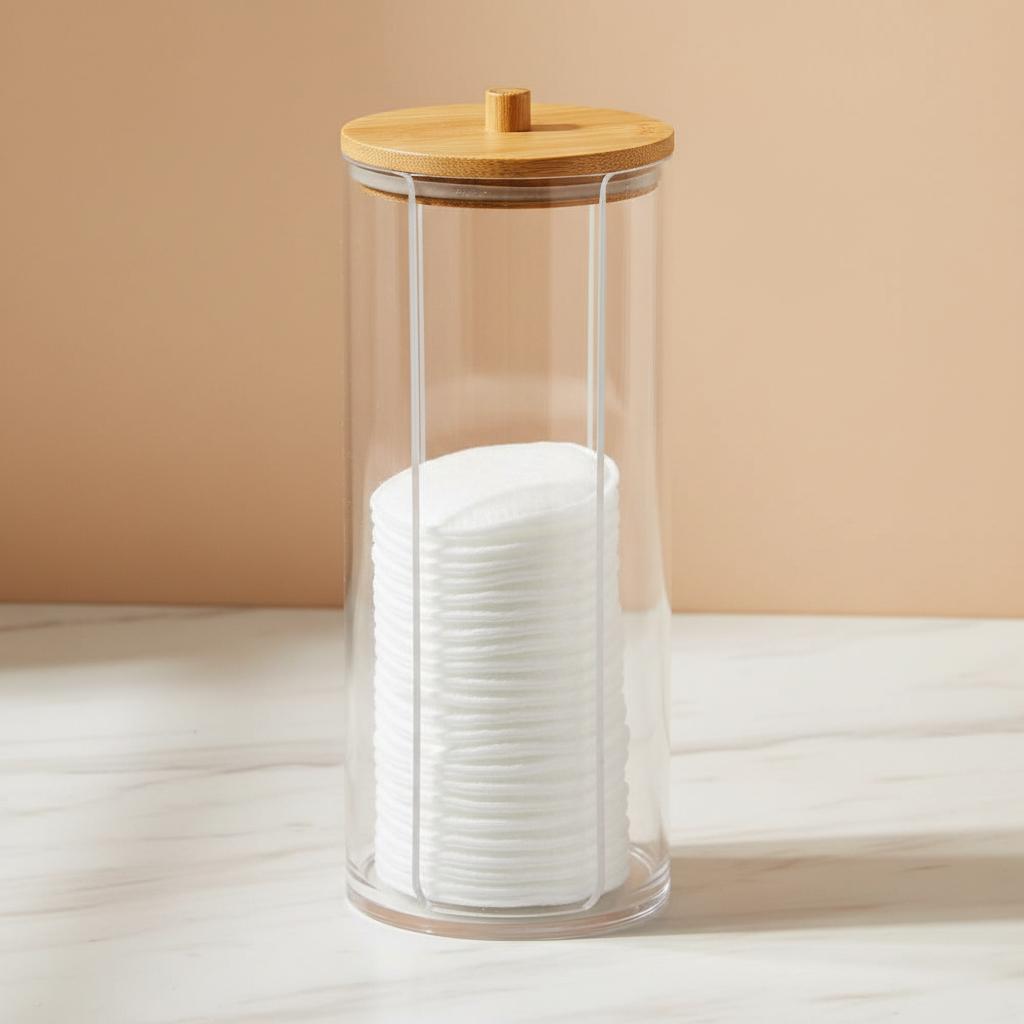 Clear Acrylic Cotton Round Dispenser with Natural Bamboo Lid
