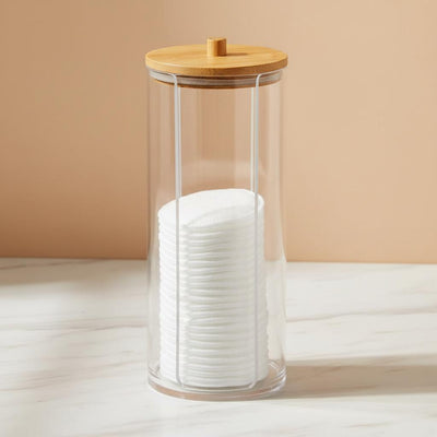 Clear Acrylic Cotton Round Dispenser with Natural Bamboo Lid