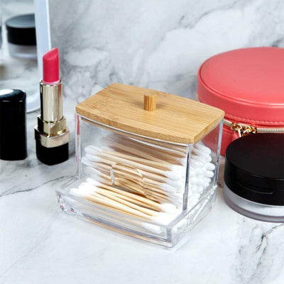 Clear Acrylic Cotton Swab Dispenser with Natural Bamboo Li