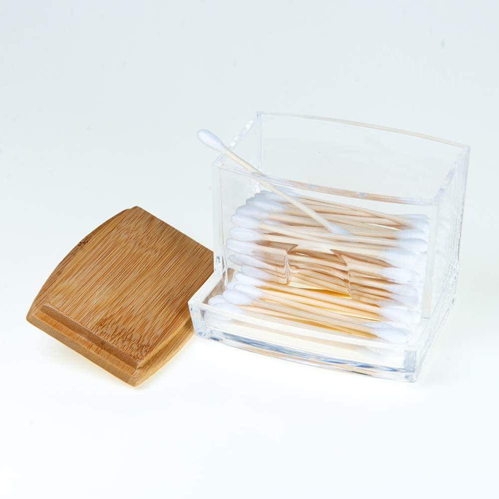 Clear Acrylic Cotton Swab Dispenser with Natural Bamboo Li