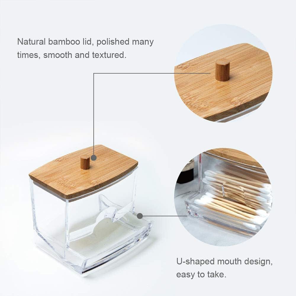 Clear Acrylic Cotton Swab Dispenser with Natural Bamboo Li