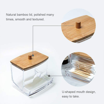 Clear Acrylic Cotton Swab Dispenser with Natural Bamboo Li