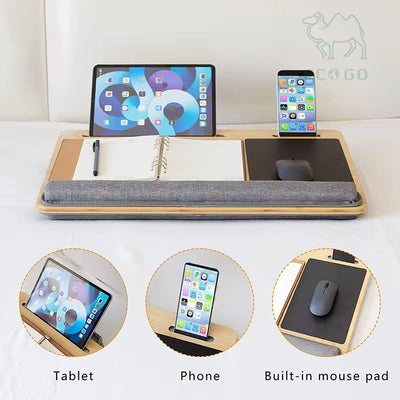 Laptop Lap Desk with Cushion – 21.6-Inch Bed Tray Table in White Maple with Built-In Mouse Pad, Tablet & Phone Slots