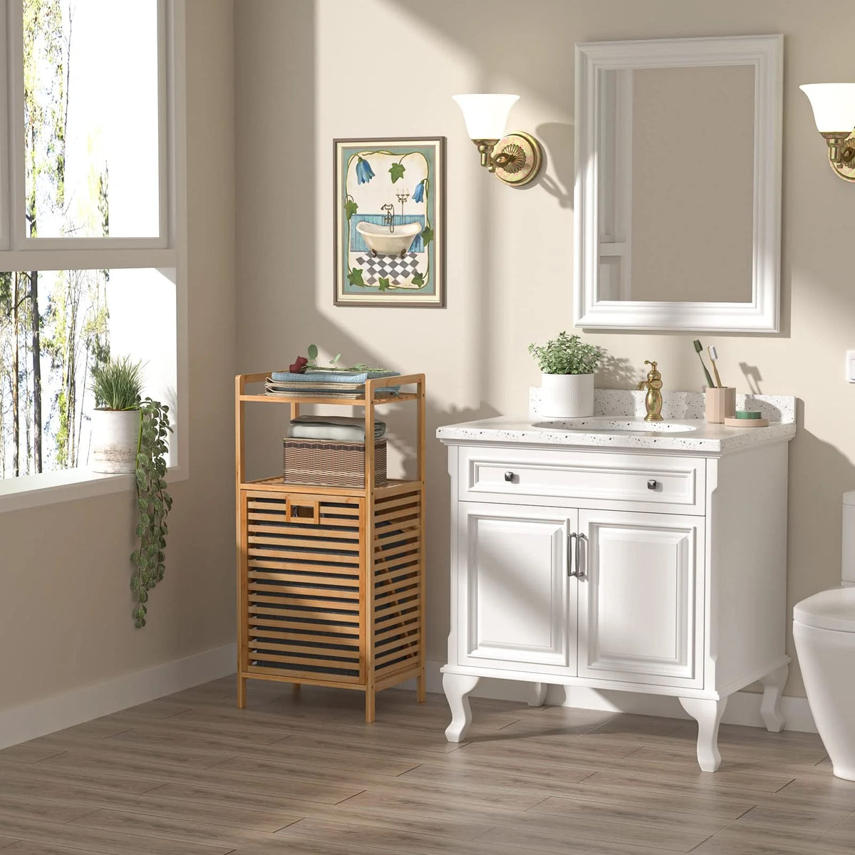 Bamboo Tilt-Out Laundry Hamper with 2-Tier Storage Shelves