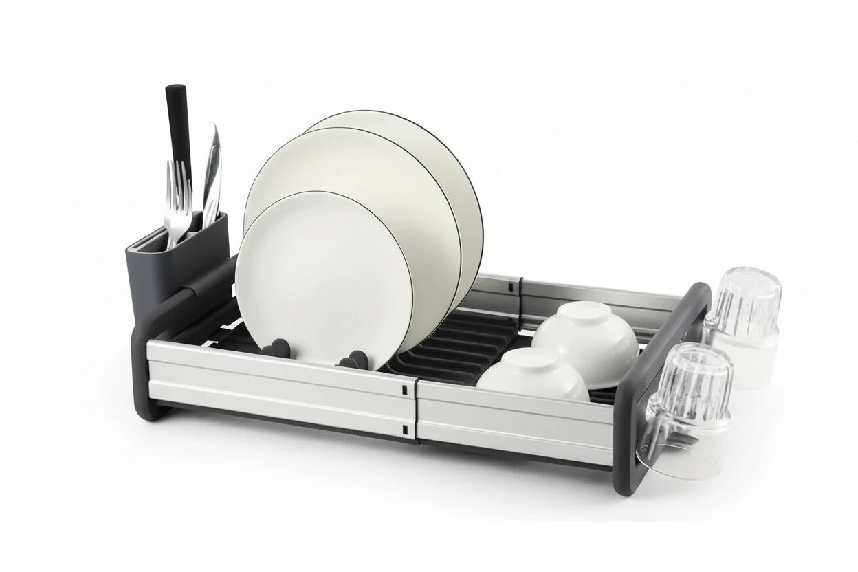 Expandable Dish Drying Rack with Integrated Cutlery Caddy