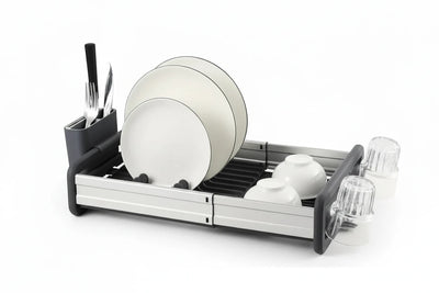 Expandable Dish Drying Rack with Integrated Cutlery Caddy