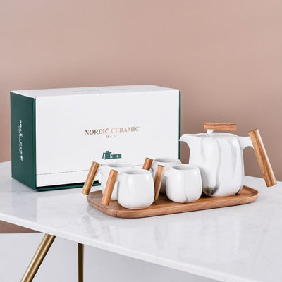 Japanese Style Tea Set Wooden Handle Ceramic Thickened High Borosilicate Heat Resistant