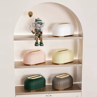 Fluted Tissue Box with Integrated Spring Lift and Gold-Tone Base