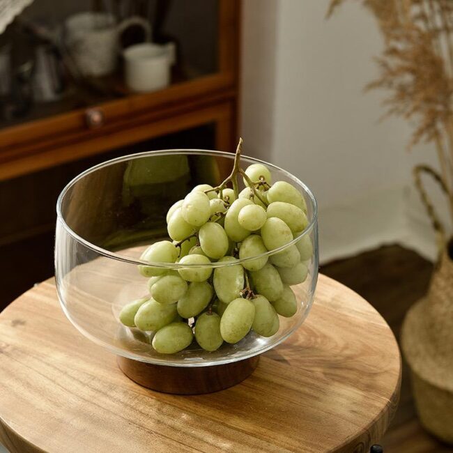 Fruit & Salad Glass Bowl with Wooden Base