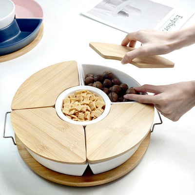 Ceramic Snack Platter Set with Natural Bamboo Lids & Lazy Susan Base