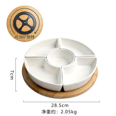 Ceramic Snack Platter Set with Natural Bamboo Lids & Lazy Susan Base