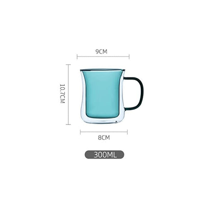 Double Wall 300ml Glass Cup with Blue Handle for Latte, Espresso & Cappuccino