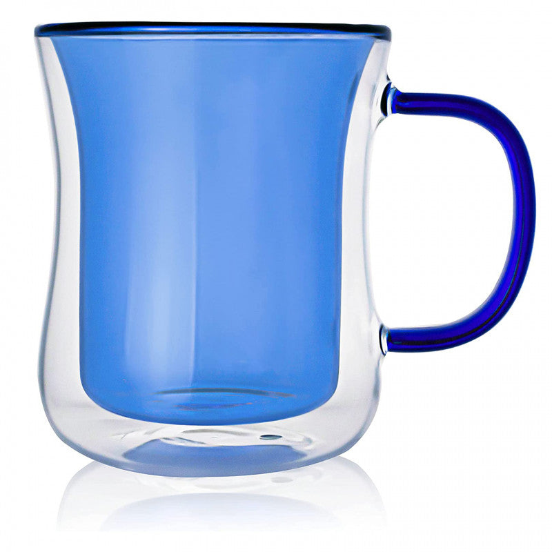 Double Wall 300ml Glass Cup with Blue Handle for Latte, Espresso & Cappuccino
