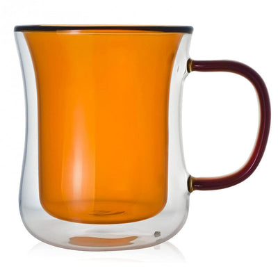 Double Wall 300ml Glass Cup with Orange Handle for Latte, Espresso & Cappuccino
