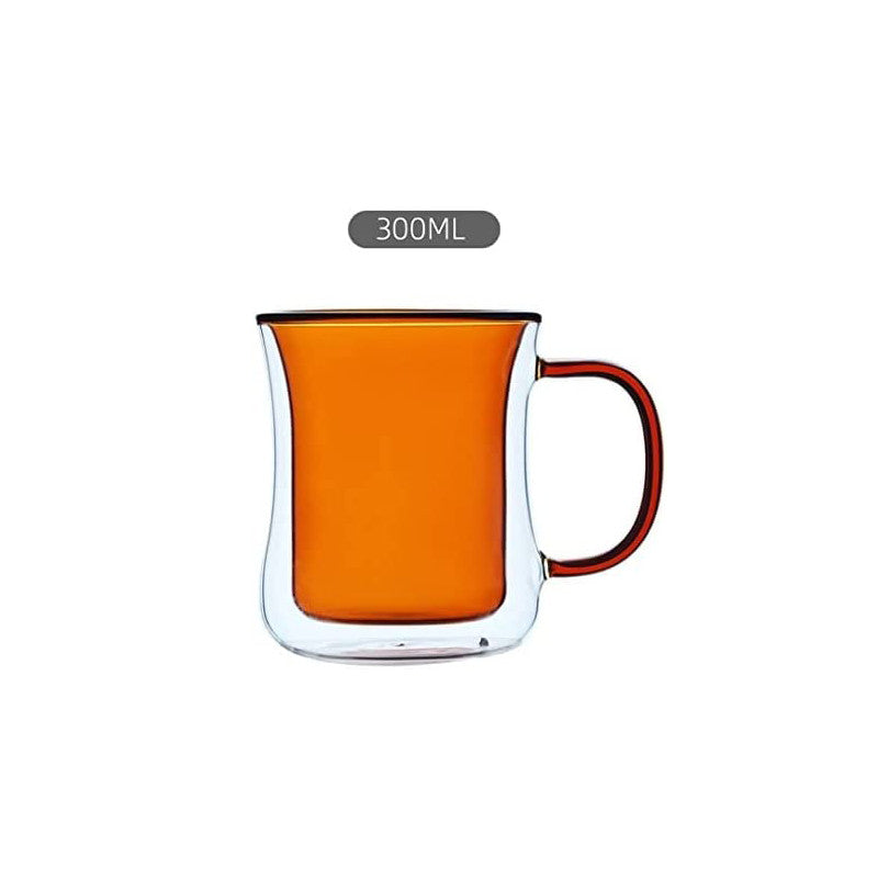 Double Wall 300ml Glass Cup with Orange Handle for Latte, Espresso & Cappuccino