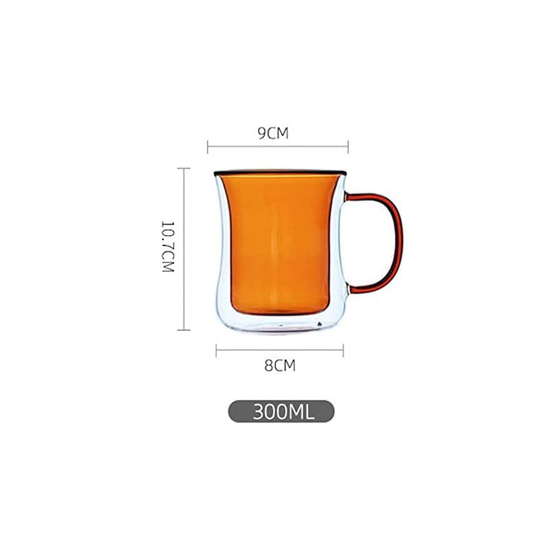 Double Wall 300ml Glass Cup with Orange Handle for Latte, Espresso & Cappuccino